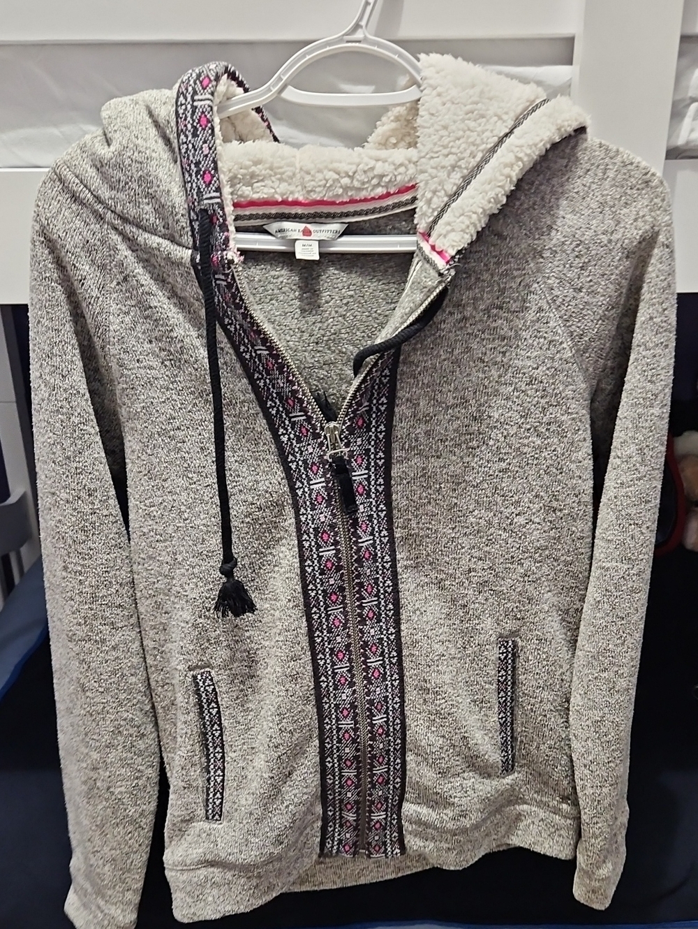 American Eagle Outfitters Gray Sherpa-Lined Zip Hoodie with Pink Trim